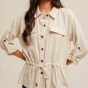MYSTREE Neutral Beige Button-Up Drawstring Top, Long Sleeve Utility Shirt